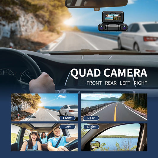 Cámara de Salpicadero Hainatech 360° de 4 Canales con GPS y WiFi – Visión Nocturna, Grabación 24/7, Modo de Estacionamiento, Tarjeta de 128GB Incluida