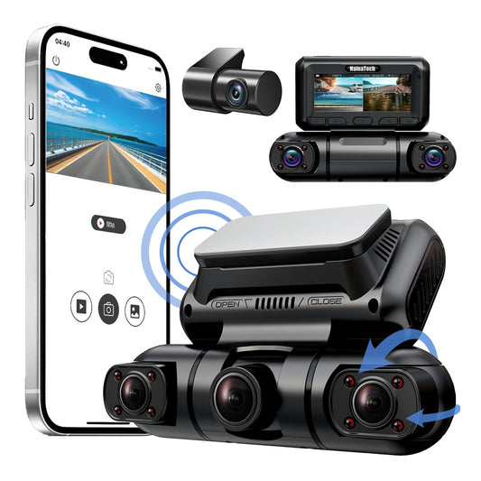 Cámara de Salpicadero Hainatech 360° de 4 Canales con GPS y WiFi – Visión Nocturna, Grabación 24/7, Modo de Estacionamiento, Tarjeta de 128GB Incluida